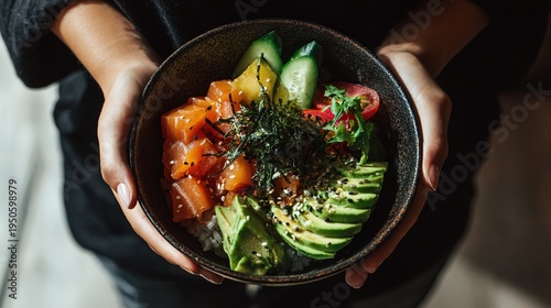 Healthy poke bowl with fresh salmon, avocado, quinoa and microgreens