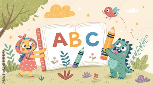 Children and monster reading an abc book outdoors, educational illustration for early learning, early education, back to school