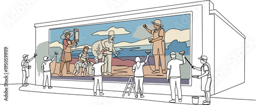 art installation, people viewing mural