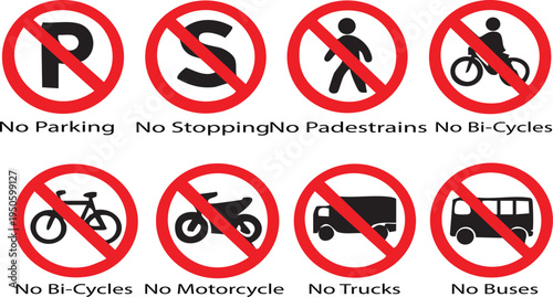 Vector illustration set of red forbidden signs including no parking for cars, no dogs allowed, and no smoking symbols to ban prohibited actions and signal warning or danger