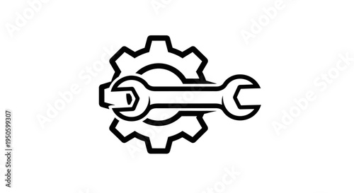 Black outline icon of a gear and a wrench, symbolizing mechanical repair and engineering on an isolated white background.
