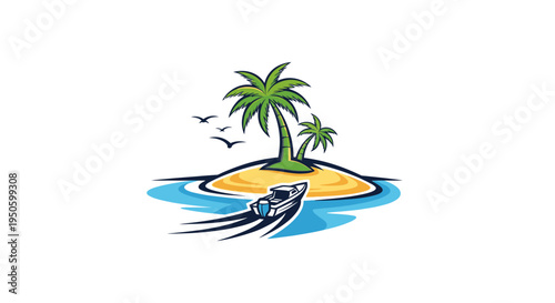 Tropical island paradise with two palm trees, a speed boat sailing in the blue ocean, and birds flying above, symbolizing vacation and leisure.