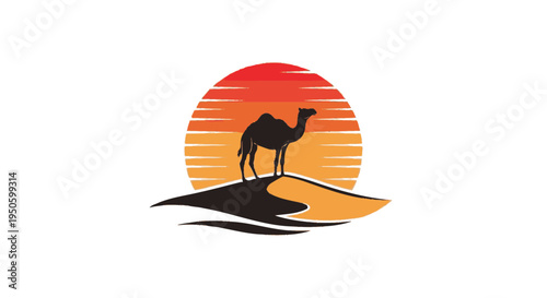 Silhouette of a camel standing on desert dunes against a vibrant sunset, symbolizing exotic travel and wilderness adventure.