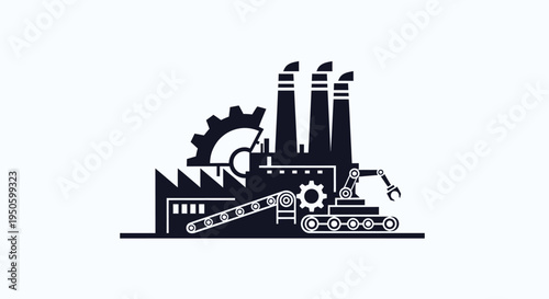 Black silhouette logo of a factory building with smokestacks, gear, conveyor belt, and robotic arm, symbolizing industrial automation and manufacturing.