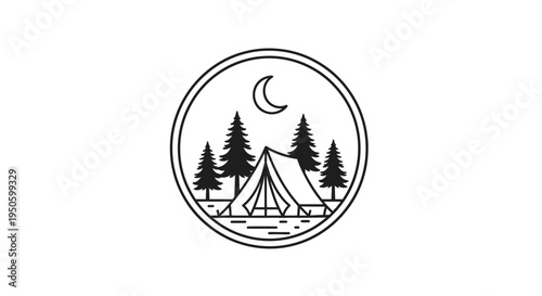 Circular outline logo depicting a camping tent among pine trees under a crescent moon, with reflection on water, symbolizing wilderness adventure at night.