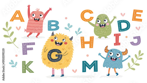 Playful monsters and colorful alphabet letters a-m scattered on white background for kids learning