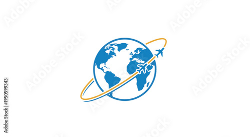 Blue globe with orbiting gold ring and airplane, global travel and international connection concept logo, isolated white background.