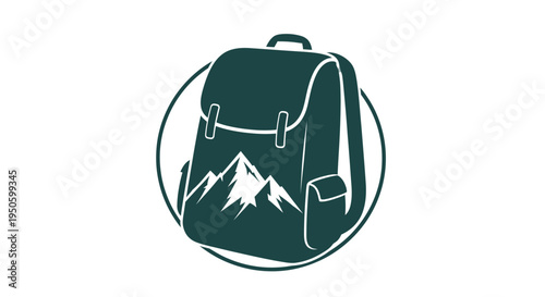 Hiking Backpack with Mountain Landscape in Circle on Isolated White Background