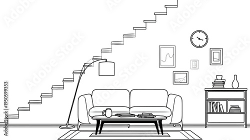Modern minimalist living room interior line art illustration with sofa, coffee table, floor lamp, staircase, and wall decor