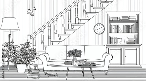 Line art illustration of a cozy living room interior with sofa, coffee table, plants, and staircase leading upstairs. Home design outline drawing.