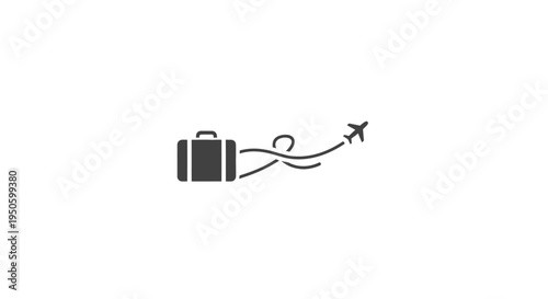 Black outline icon of a suitcase and an airplane in motion, symbolizing global travel and journey on an isolated white background.