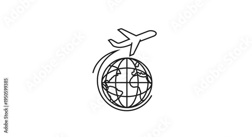 Outline of airplane circling a globe, international flight and worldwide transport concept logo, isolated white background.