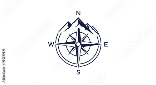 Compass rose with mountain peak, navigation and adventure travel concept logo, isolated white background.