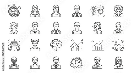 Collection of diverse line icons: people avatars, business concepts, global communication, and data analytics in outline style.