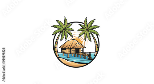 Tropical Beach Bungalow with Palm Trees and Ocean View Icon on Isolated White Background, Relaxing Vacation Paradise