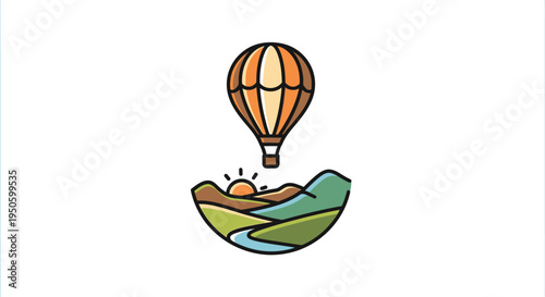 Hot Air Balloon Flying Over Scenic Landscape at Sunrise Icon on Isolated White Background, Adventure Travel Exploration