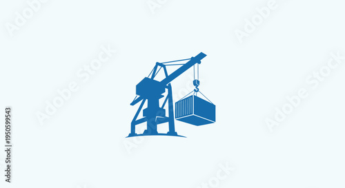 Industrial Port Crane Lifting Shipping Container Icon on Light Blue Background, Global Logistics and Cargo Transport