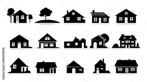 Set of black silhouette house icons on white background, various residential building shapes and architectural styles, home vector graphics