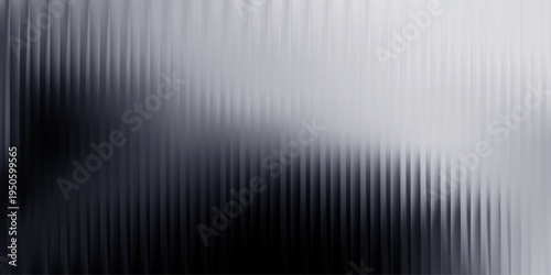 Monochrome reeded glass background, vertical black and white gradient with sharp ribbed texture and soft grey haze, minimal optical surface, vector illustration