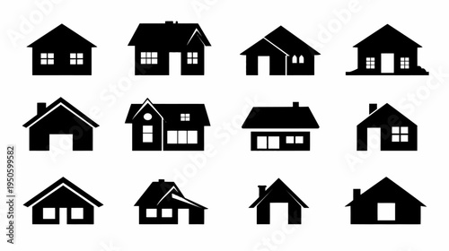 Set of diverse house icons. Black silhouette of homes and residential buildings for real estate, property, and dwelling concepts.