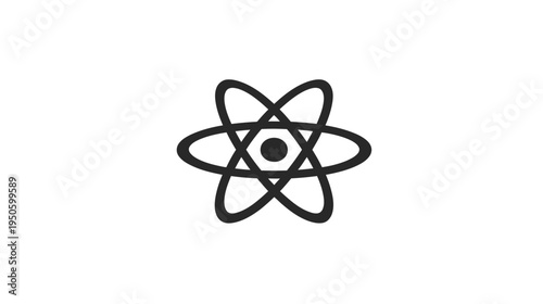 Stylized Atom Model Illustration. Scientific Concept for Physics, Chemistry, Technology, Education, and Research. Black and White Icon.
