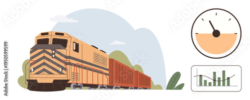 Logistics, transportation, efficiency, speed monitoring, freight management, data analysis. A freight train with a speedometer and chart. Logistics and transportation performance concept