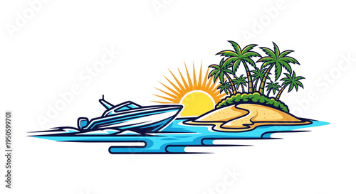 Tropical Island with Palm Trees Sun and Ocean Boat Logo on Isolated White Background