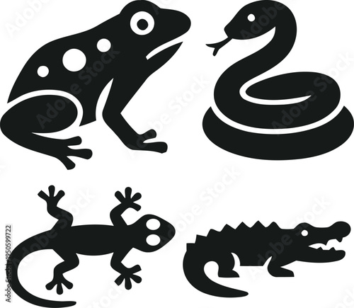 Silhouette icons of a frog snake gecko and crocodile