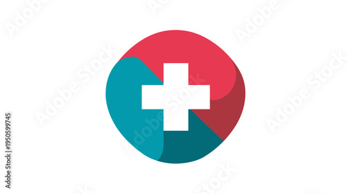 Modern medical cross icon in red and teal circle. Health, first aid, healthcare symbol for assistance and positive care.