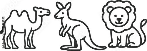 A line drawing of a camel kangaroo and lion standing side by side