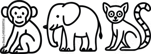 Three cartoon animals a monkey elephant and lemur in a row