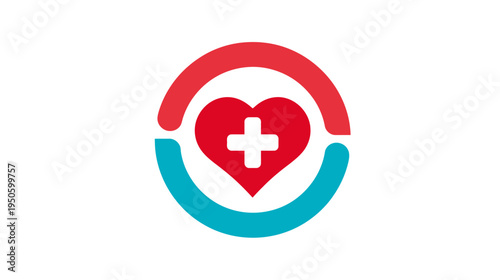 Red heart with white cross and circular arcs, symbolizing medical care, health, wellness, and medical assistance icon