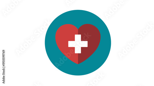 Medical Healthcare Icon: Red Heart with White Cross in Teal Circle. Symbolizing Health, First Aid, Care, and Well-being Graphic.