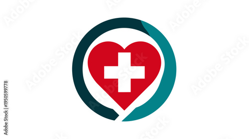 Heart with White Cross Medical Symbol in Teal Circle, Healthcare and Wellness Design Element for Health Support