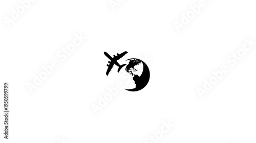Global travel concept with airplane flying around the world. International flight, aviation journey, and exploration icon.