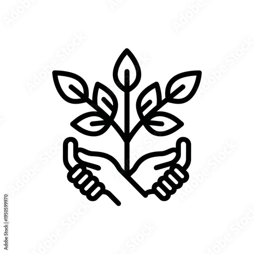Hands holding a growing plant icon. Ecology, nature protection, sustainability, and environmental care concept for green future.