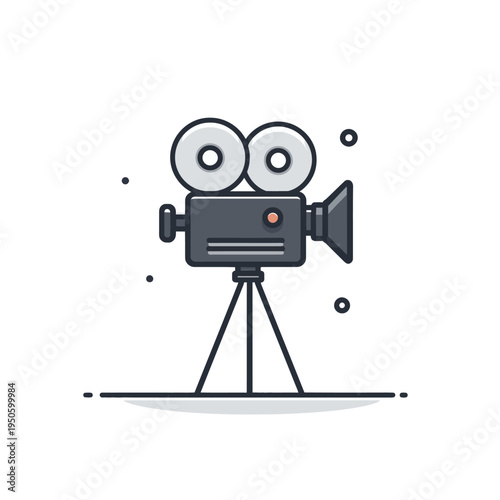 Vintage film camera on tripod illustration. Classic movie projector icon for video production, cinema, and media content.