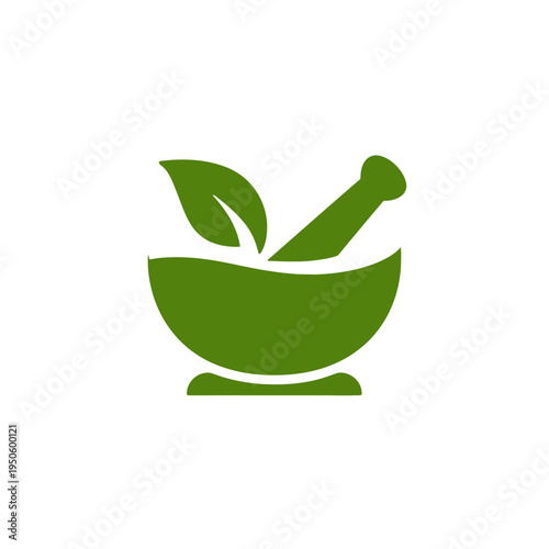 Green Mortar and Pestle with Leaf Icon Symbolizing Natural Herbal Medicine, Organic Pharmacy, Wellness, Alternative Healing, and Aromatherapy