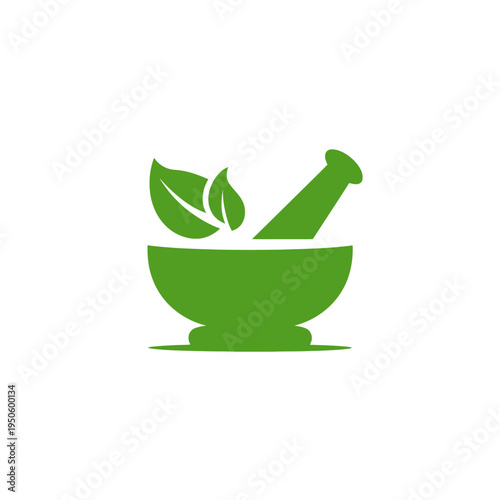 Green herbal mortar and pestle icon for natural medicine, pharmacy, wellness, and organic remedies. Traditional healthy ingredients concept.