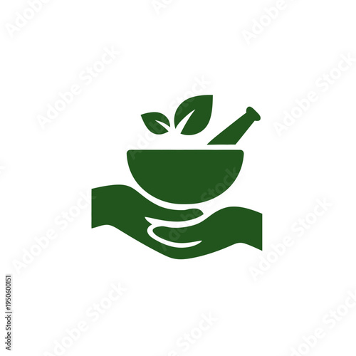 Green icon of a hand holding a mortar and pestle with leaves, representing natural medicine, herbal remedies, and holistic wellness.