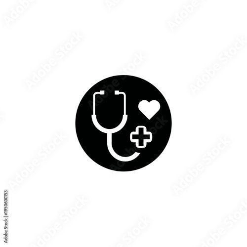 Health and Medical Icon. Stethoscope, Heart, and Cross Symbol in Black Circle. Healthcare, Cardiology, Wellness, Diagnosis Concept.