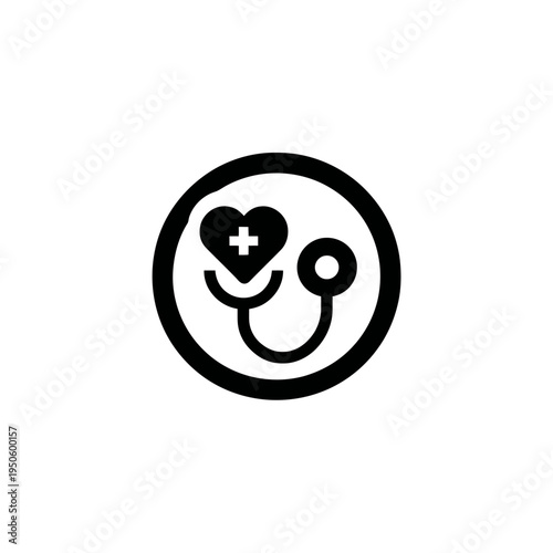 Healthcare icon: Stethoscope wrapped around a heart with a medical cross, symbolizing cardiology, wellness, diagnostics, and medical care.