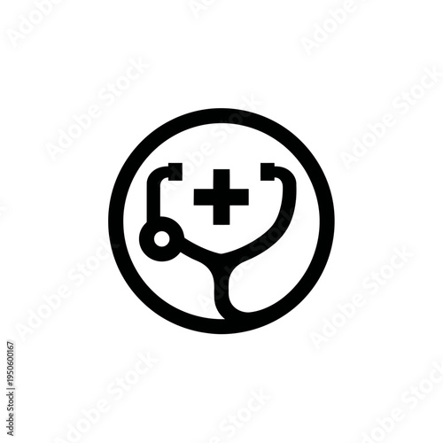 Healthcare symbol with stethoscope and medical cross in a circular icon, representing doctors, clinics, and medical services illustration