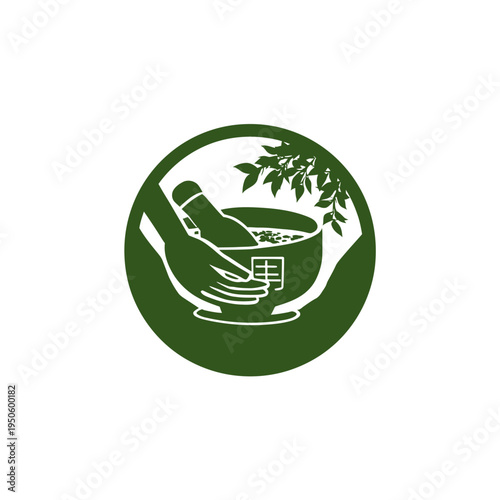 Natural herbal medicine icon: hand holding pestle grinding botanicals in a mortar, with leaves. Holistic pharmacy and traditional wellness symbol.