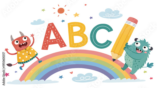Playful abc letters on a rainbow with cute monsters, stars, and clouds, representing learning and imagination for children, early childhood