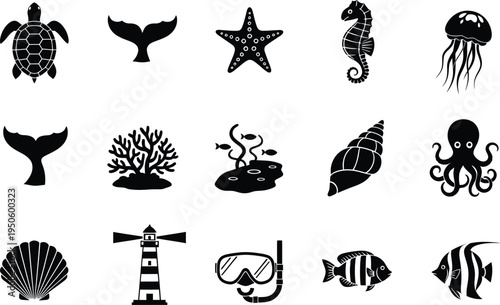 Marine ocean life icons set with turtle seahorse fish jellyfish octopus