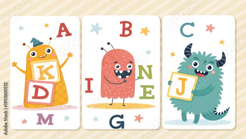 Alphabet learning cards with cute monsters and letters, designed for children's education and playful interaction, early childhood