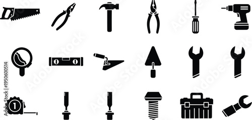 Hand tools hardware icons set with hammer wrench drill screwdriver