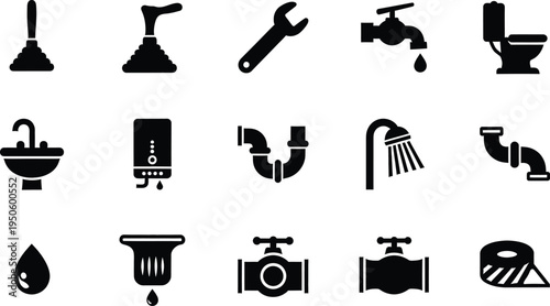 Plumbing bathroom icons collection with pipe faucet sink wrench