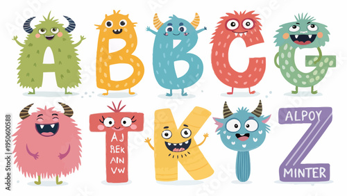 Cute monsters creatively forming letters a b c g k, designed for children's alphabet education and playful learning